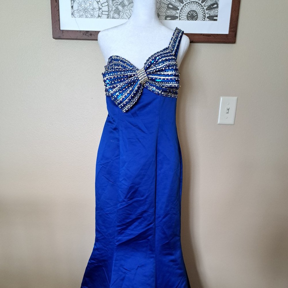 Jovani Royal Blue One Shoulder Bead Embellished Gown